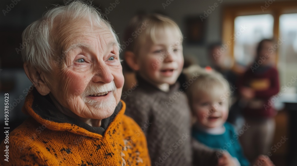 Elderly man joyfully spending time with smiling grandchildren in a cozy family setting, highlighting warmth and togetherness in relationships Elderly man joyfully spending time with smiling grandchildren in a cozy family setting, highlighting warmth and togetherness in relationships