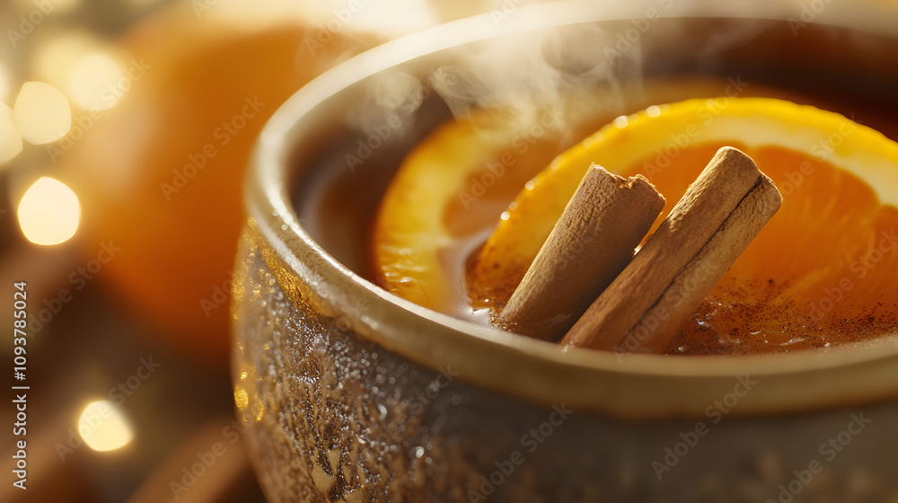 A cup of spiced mulled cider with orange slices and cinnamon sticks steaming gently. A cup of spiced mulled cider with orange slices and cinnamon sticks steaming gently.