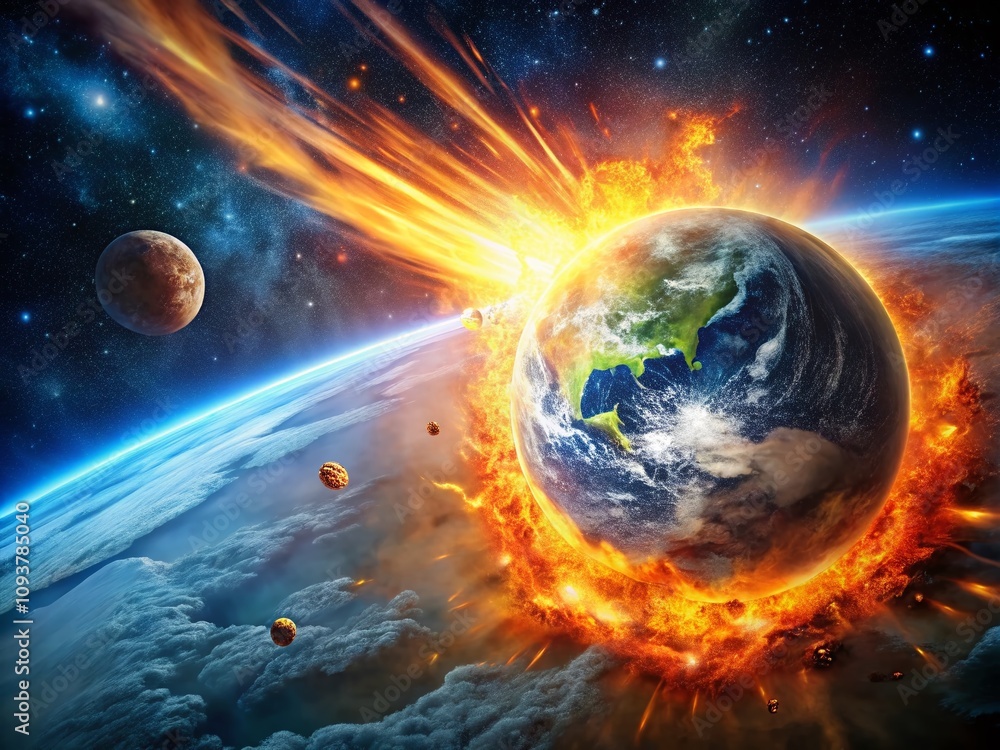 Asteroid Impact: A Dramatic Long Exposure Visualization of Planetary Destruction, Showcasing Explosive Elements, Fiery Debris, and Catastrophic Effects on Earth's Surface and Atmosphere Asteroid Impact: A Dramatic Long Exposure Visualization of Planetary Destruction, Showcasing Explosive Elements, Fiery Debris, and Catastrophic Effects on Earth's Surface and Atmosphere