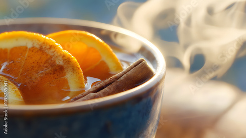 A cup of spiced mulled cider with orange slices and cinnamon sticks steaming gently. photo