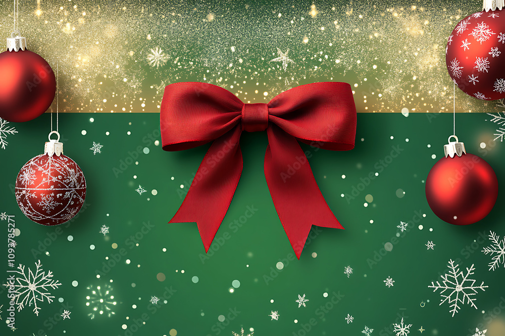 Naklejka premium A festive gift voucher in red and green with Christmas ornaments, snowflakes, and a ribbon bow, creating a cheerful holiday-themed design for seasonal gifting. 