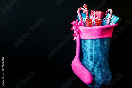 A visually stunning neon pink and blue stocking overflowing with gifts and candy canes contrasting against a black backdrop.