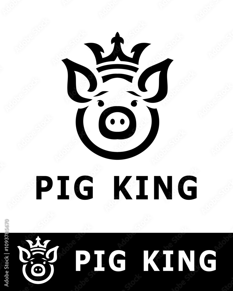 Creative pig-themed logo featuring a stylized pig face wearing a crown isolated on white background Creative pig-themed logo featuring a stylized pig face wearing a crown isolated on white background
