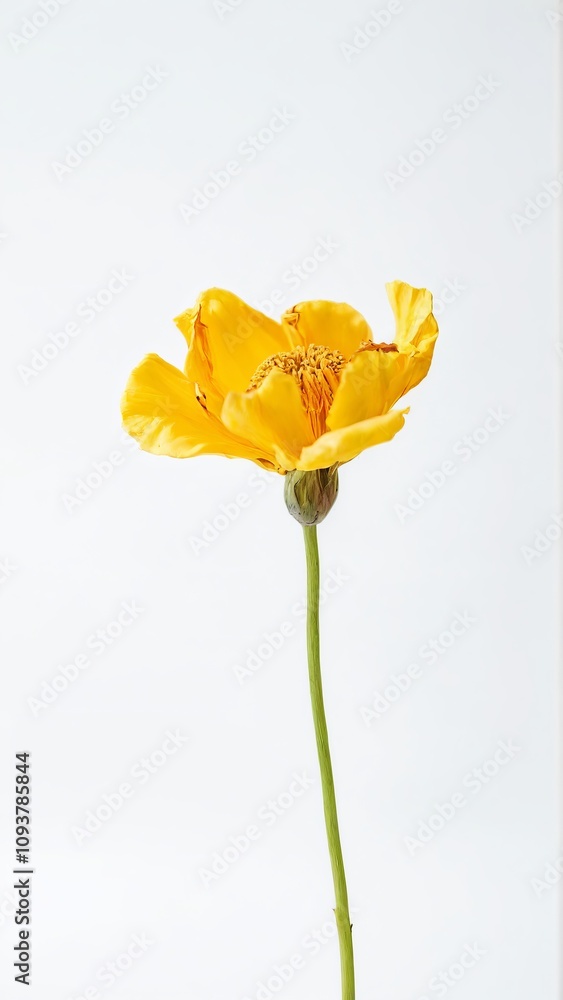 Fototapeta premium Vibrant yellow poppy flower on minimalist white background