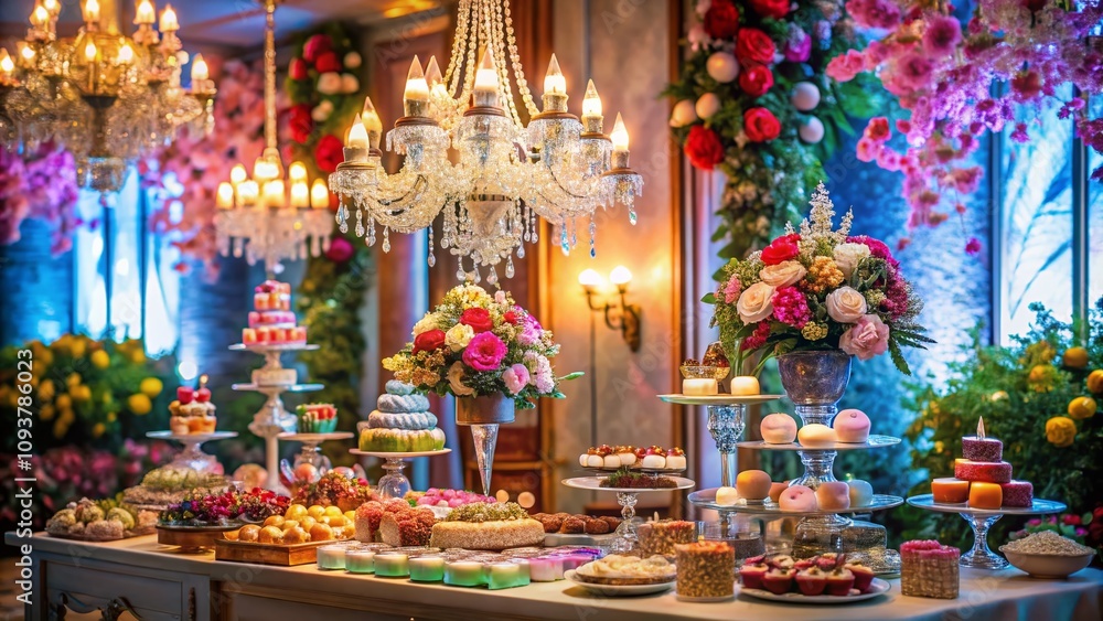 A Stunning Pixelated Dessert Table Adorned with Lush Floral Decor and an Elegant Chandelier for a Dreamy Celebration Setting A Stunning Pixelated Dessert Table Adorned with Lush Floral Decor and an Elegant Chandelier for a Dreamy Celebration Setting