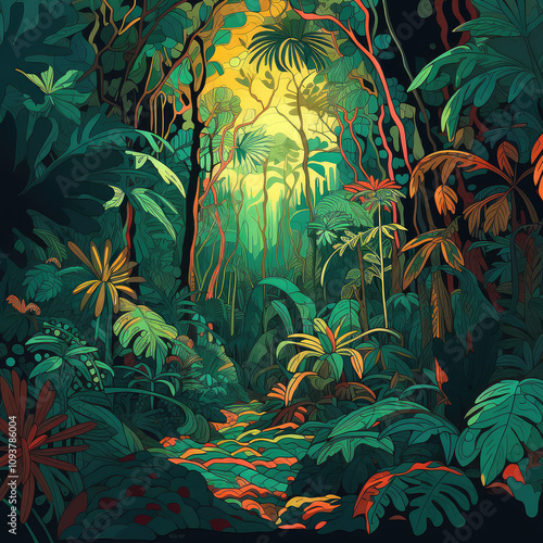 Mystique rainforest with a lot of bright confusing details. Magic curves of green leaves, different trees on sunset. Trip, creative nature background, nonexistent landscape photo