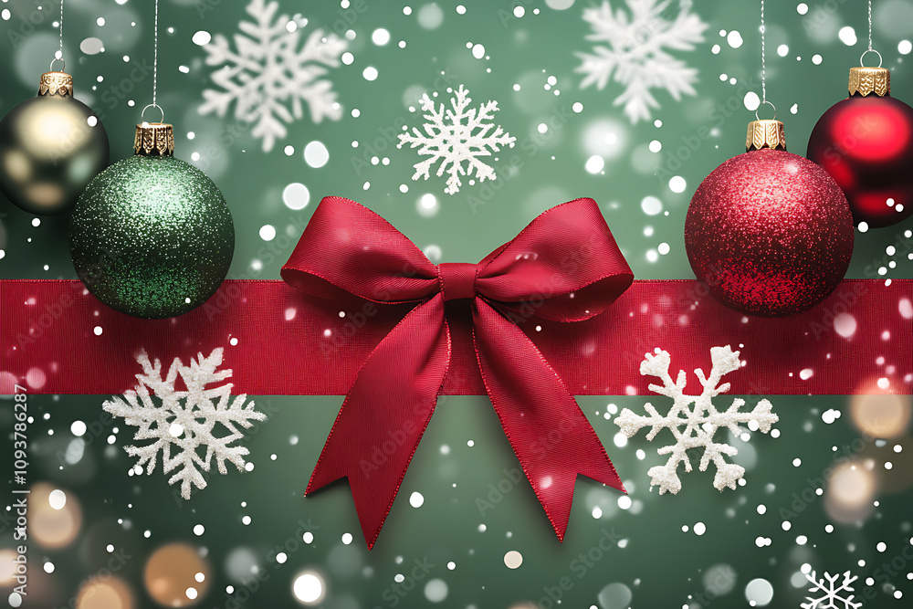 Naklejka premium A festive gift voucher in red and green with Christmas ornaments, snowflakes, and a ribbon bow, creating a cheerful holiday-themed design for seasonal gifting. 