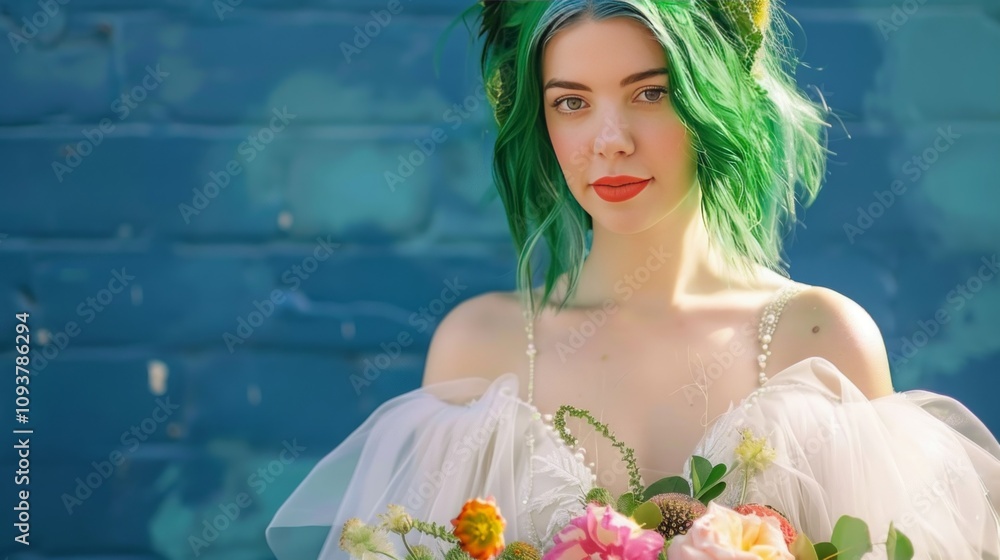 Bride with colorful hair and bouquet in unique dress stands out with vibrant flowers and modern bridal style Bride with colorful hair and bouquet in unique dress stands out with vibrant flowers and modern bridal style