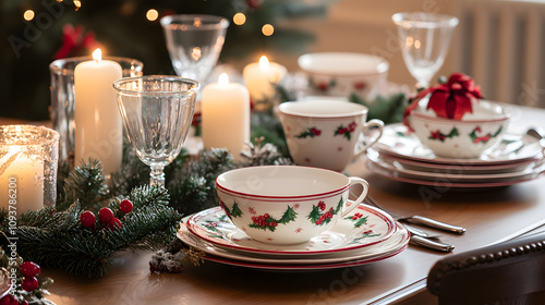 A festive dining table set with elegant Christmas-themed dishes and candles. photo