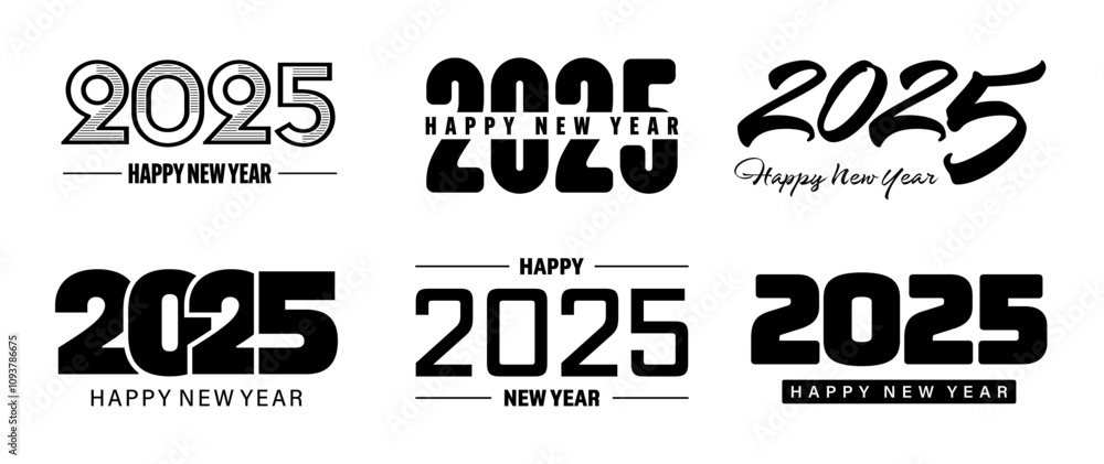 Obraz premium Set of 2025 Happy New Year greeting text designs. Christmas banner, poster, festive greeting card or seasonal promotion template. Collection of 2025 numbers with greetings. Vector illustration