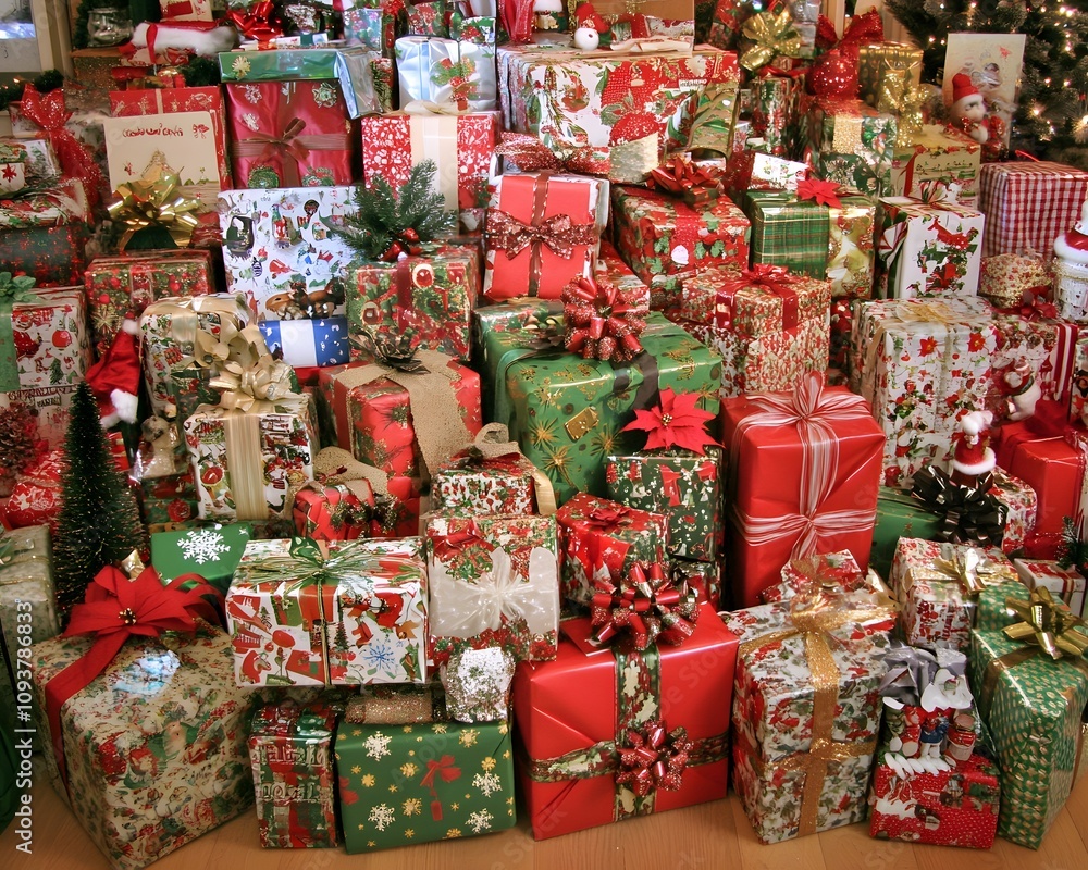 Fototapeta premium Set of delicately arranged Christmas gifts and decorations. There is space for text, such as New Year wishes or important messages. Perfect for use as a New Year card background for special occasions.