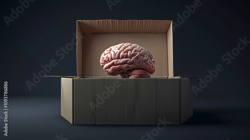 surreal brain in box, a d-rendered human brain rests atop a partially open cardboard box, set against a black background in a front-facing view