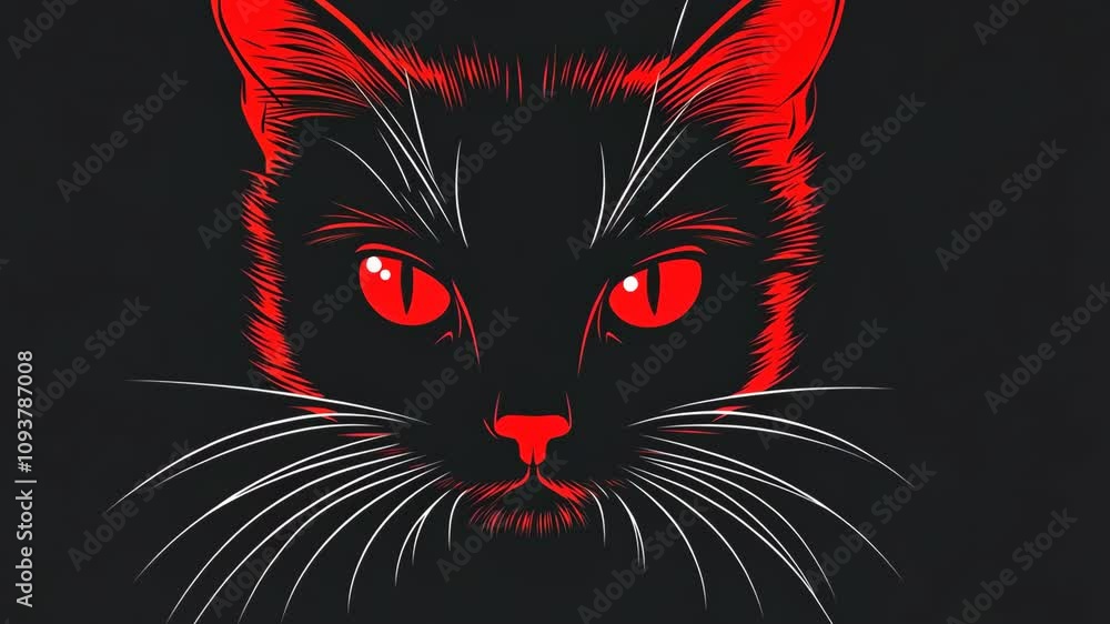 Striking black cat illustration with glowing red eyes against a dark background Striking black cat illustration with glowing red eyes against a dark background