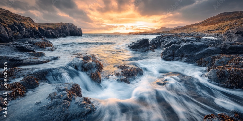 Fototapeta premium A serene coastal landscape featuring dramatic rocky formations and gentle waves. The sunset paints the sky with warm hues. Ideal for nature lovers and travel enthusiasts. 