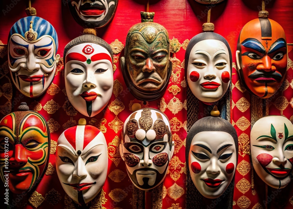 Fototapeta premium A Vibrant Collection of Traditional Kabuki Theater Masks Displayed on a Rich Red Background Featuring Intricate Japanese Patterns for Cultural Art Enthusiasts