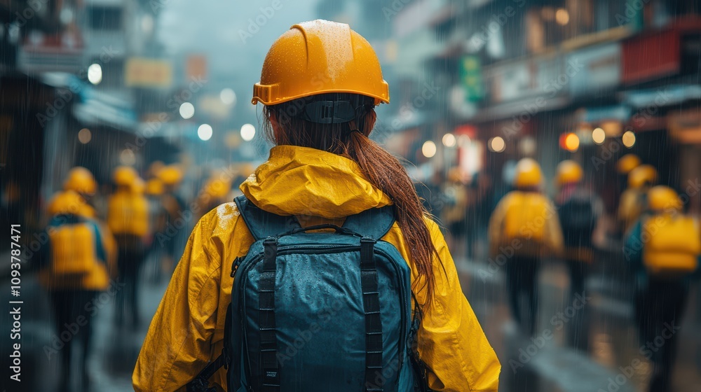 Disaster risk reduction awareness march urban streets community event rainy weather ground level resilience building Disaster risk reduction awareness march urban streets community event rainy weather ground level resilience building