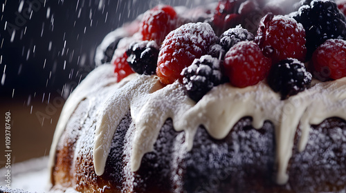 A decadent Yule log cake dusted with powdered sugar and decorated with berries. photo