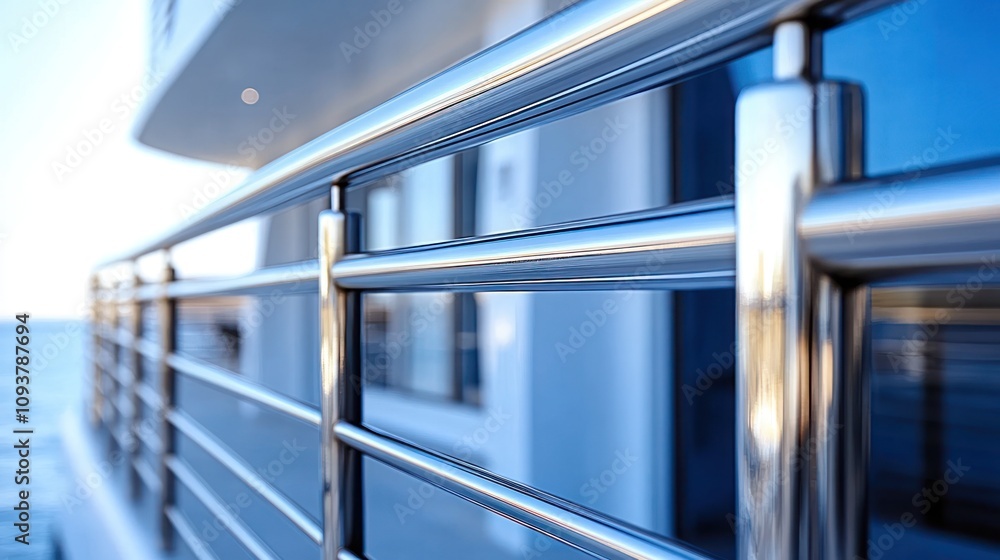 Naklejka premium Modern stainless steel railing on balcony overlooking ocean.