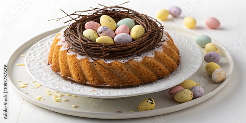 Easter cake with egg nest topping for festive brunch, dessert blogs, bakery websites, holiday recipe collections, and spring celebration inspiration photo