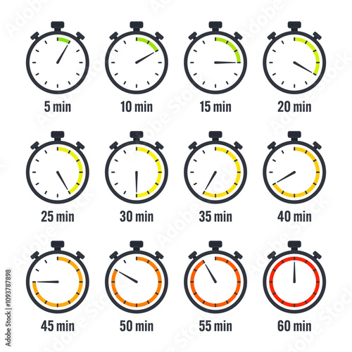 Stopwatch icons. Colorful simple chronometer, time counter with dial. Countdown timer showing hours and minutes. Deadline, measurement for sport. Cooking time label, sticker. Vector illustration