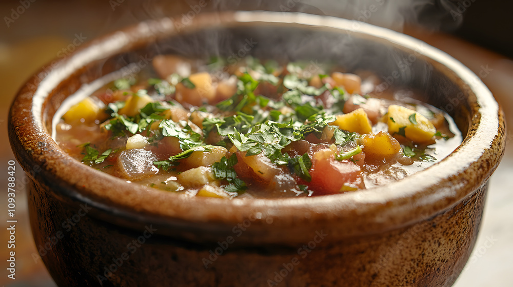 A hearty Christmas stew served in a rustic bowl steaming hot with fresh herbs. A hearty Christmas stew served in a rustic bowl steaming hot with fresh herbs.