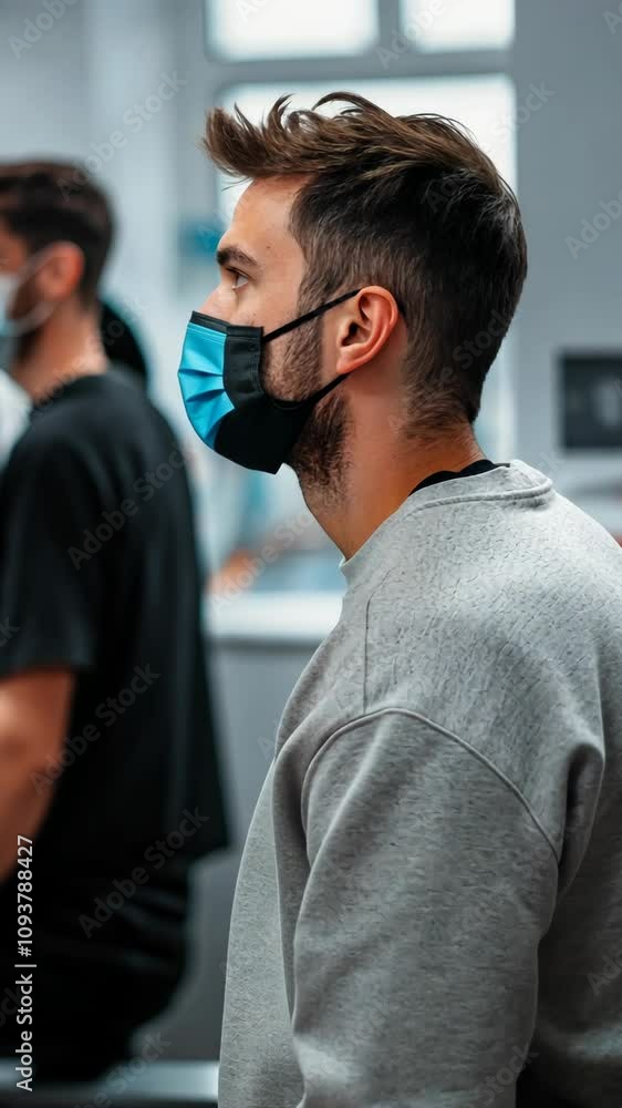 Young man in mask waiting with others at a health clinic during a pandemic Young man in mask waiting with others at a health clinic during a pandemic
