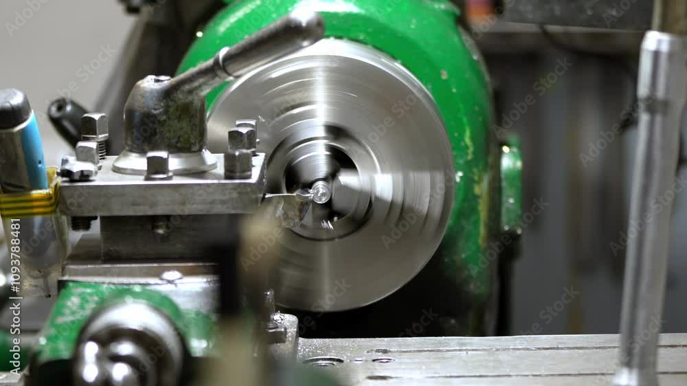 A metal lathe spins a workpiece as a cutting tool shapes it, showcasing the machining process. The green machine shows wear, indicating frequent use. A metal lathe spins a workpiece as a cutting tool shapes it, showcasing the machining process. The green machine shows wear, indicating frequent use.