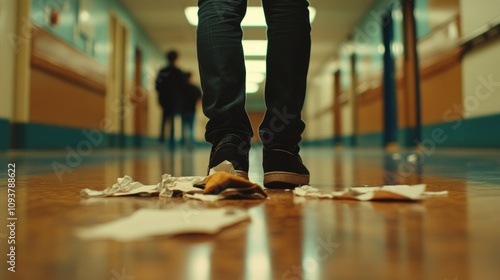 close up of student's feet walking on crumpled papers scattered on the floor and torn sheets in school hallway. the concept of isolation and alienation.