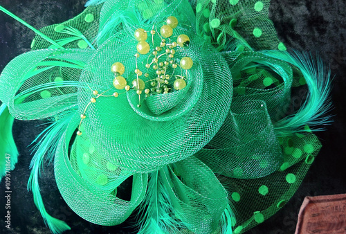 green fascinator millinery closeup