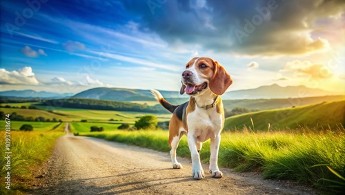 Beagle Dog Walking on a Sunny Rural Road with Scenic Landscape and Copy Space for Text, Perfect for Pet Lovers, Nature Enthusiasts, and Outdoor Activity Themes photo