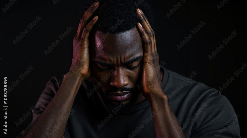Pensive man deep in thought against dark background Pensive man deep in thought against dark background