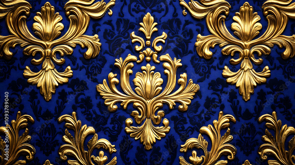 A luxurious Baroque pattern in gold against a deep royal blue fabric backdrop. A luxurious Baroque pattern in gold against a deep royal blue fabric backdrop.