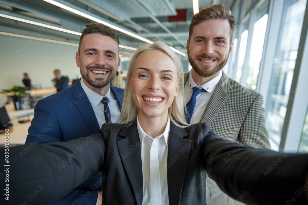 Group of young professionals taking selfie in modern office environment