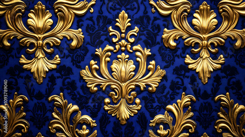 A luxurious Baroque pattern in gold against a deep royal blue fabric backdrop.