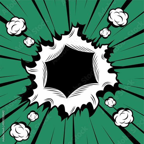 comic book holes. Vector paper is torn through boom explosion. Circle holes in the middle on color backgrounds