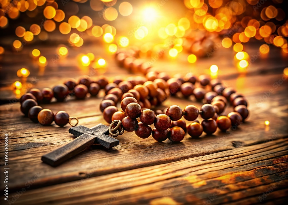 Beautiful Rosary Beads on an Old Wooden Table Illuminated by Sunlight with Bokeh Effect Creating a Serene and Spiritual Atmosphere Beautiful Rosary Beads on an Old Wooden Table Illuminated by Sunlight with Bokeh Effect Creating a Serene and Spiritual Atmosphere