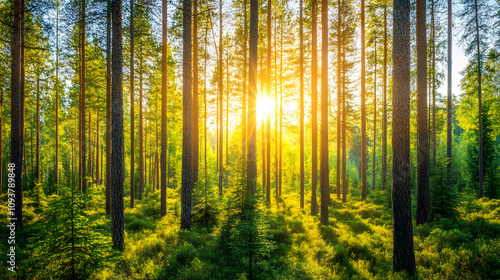 A majestic pine tree forest with sunlight streaming through the tall trees.