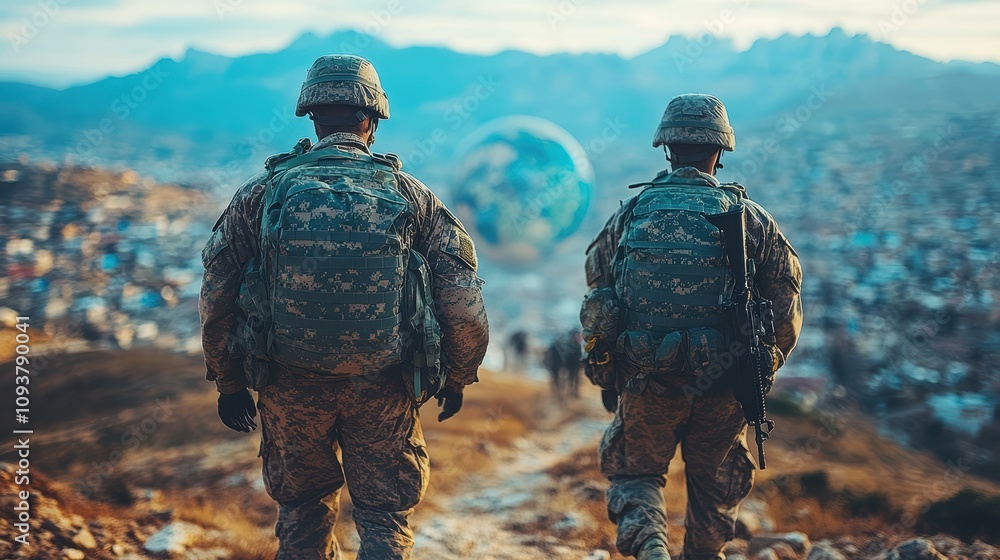 Un peacekeepers walking towards peace conflict zone photograph mountainous terrain rear view global unity Un peacekeepers walking towards peace conflict zone photograph mountainous terrain rear view global unity