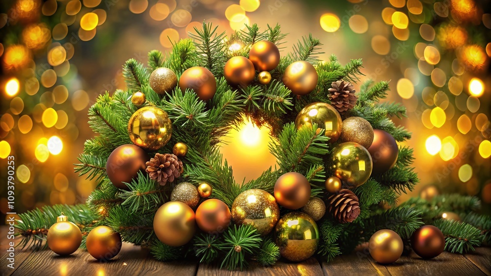 Fototapeta premium Beautiful Traditional European Christmas Wreath Decorated with Golden Baubles and Greenery, Perfect for Festive Holiday Decor and Seasonal Celebrations