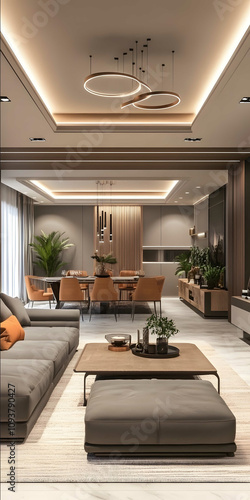 Create a modern Turkish living room and dining with a seamless blend of Eastern and Western influences featuring sleek furniture with clean lines and luxu photo