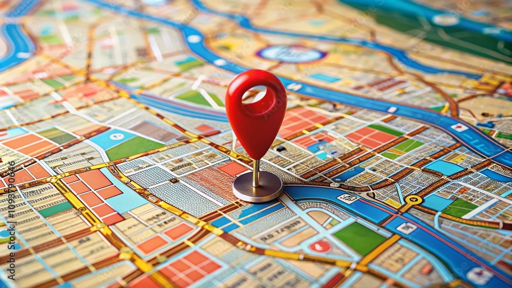 Birds Eye View of a Detailed City Map with a Bright Red Pin Marker Indicating Location, Perfect for Navigation and Urban Exploration Themes in Product Photography Birds Eye View of a Detailed City Map with a Bright Red Pin Marker Indicating Location, Perfect for Navigation and Urban Exploration Themes in Product Photography