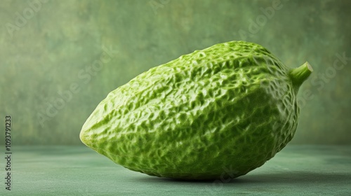 A single, bumpy green etrog rests on a green surface against a blurred green background. photo