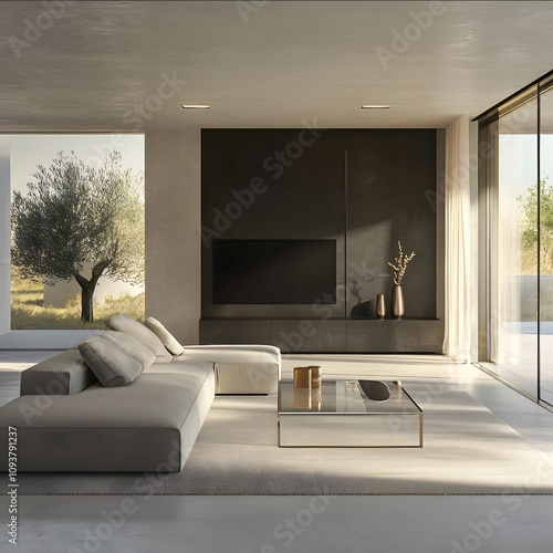 A modern living room with elegant and sophisticated design elements The space features minimalist furniture including a lowprofile sofa in neutral tones photo