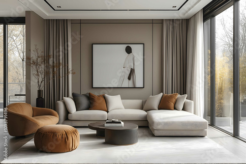 A modern living room with a horiontal black and white fashionthemed photo on the wall The room features a minimalist design with neutral tones clean line photo