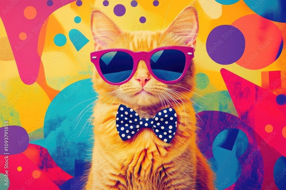 Fototapeta premium A colorful cat in oversized sunglasses and a polka dot bow tie, surrounded by vibrant geometric shapes