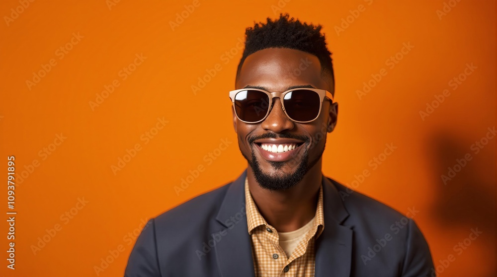 Fototapeta premium Confident man smiling in sunglasses against vibrant orange background