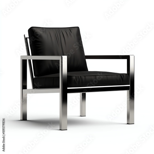 Modern black leather armchair with sleek metal frame, white isolate background