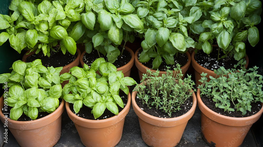 A peaceful indoor herb garden with pots of basil thyme and mint arranged neatly. A peaceful indoor herb garden with pots of basil thyme and mint arranged neatly.