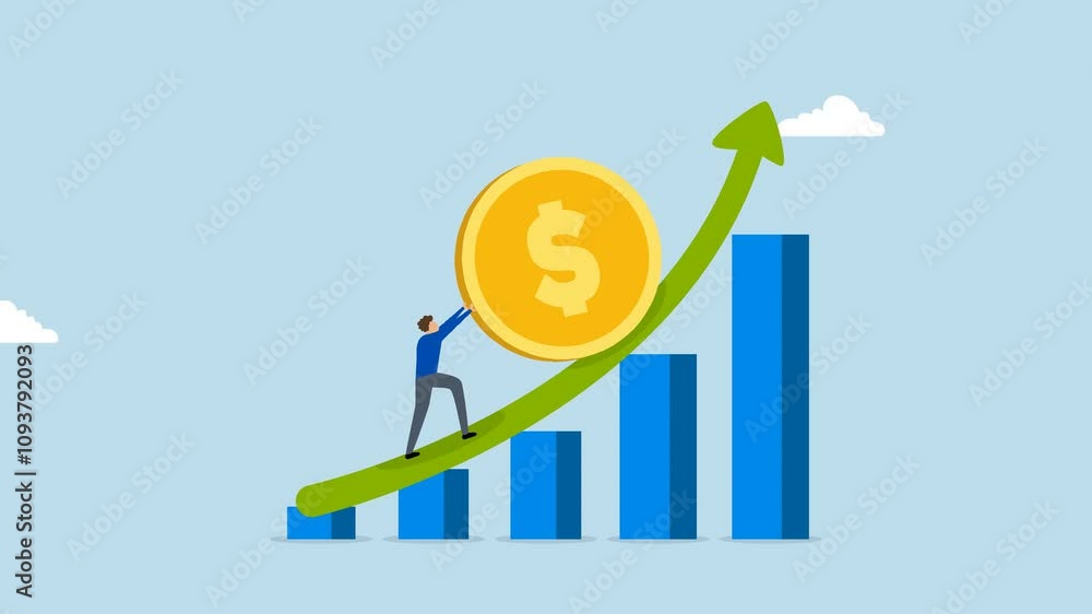 Compound interest exponential growth, 4k animation of entrepreneur drives funds upward on a growing chart. Compound interest exponential growth, 4k animation of entrepreneur drives funds upward on a growing chart.