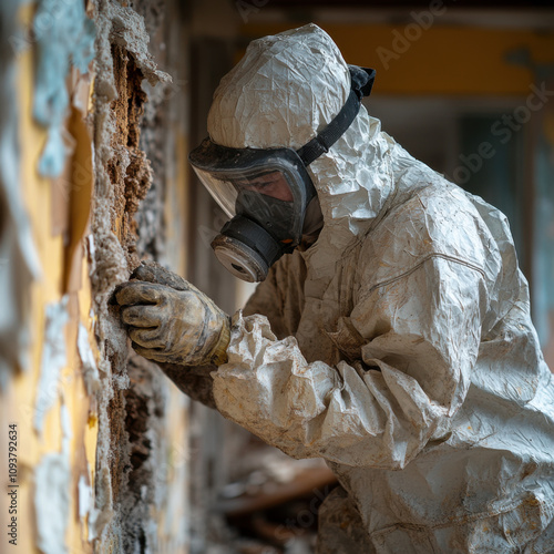 Asbestos Removal Specialist Carefully Handling Hazardous Materials in Protective Suit During Building Renovation photo